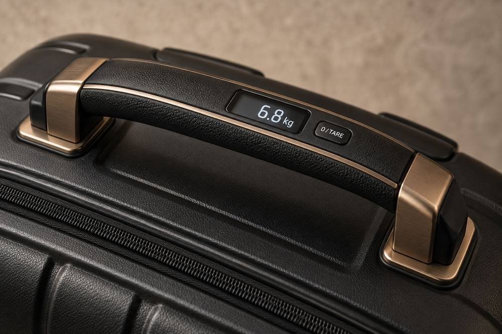 Pega superior da mala com visor de peso integrado em quilogramas