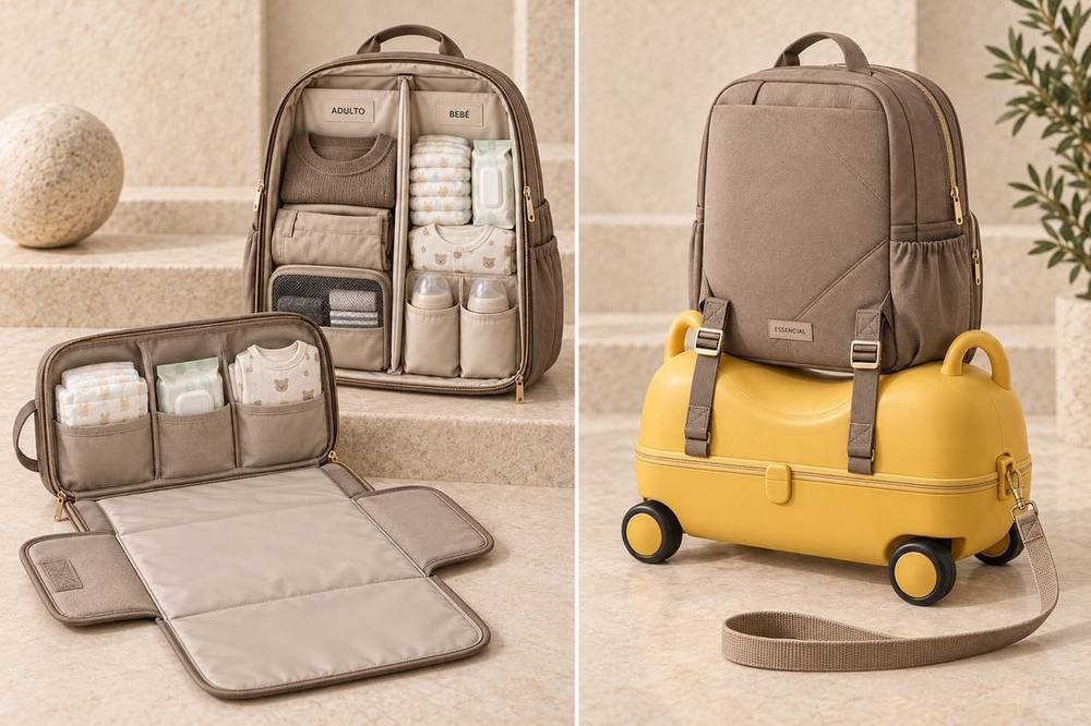 Mochila de fim de semana para mãe/pai e bebé, com alças e zonas independentes para os essenciais dos dois